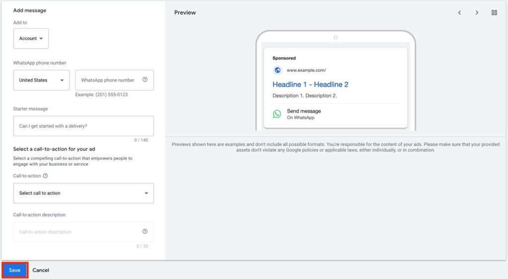 Add WhatsApp to Google Ads