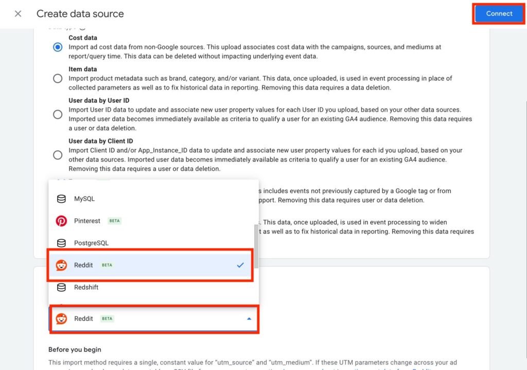 Import Reddit Ads Cost Data into Google Analytics 4